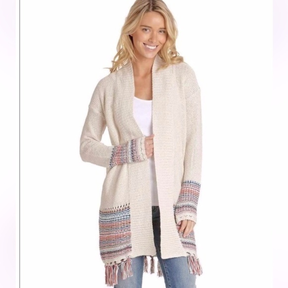 ROXY Near Future Knit Fringe Cardigan Open Front Long Sleeve Size Small
